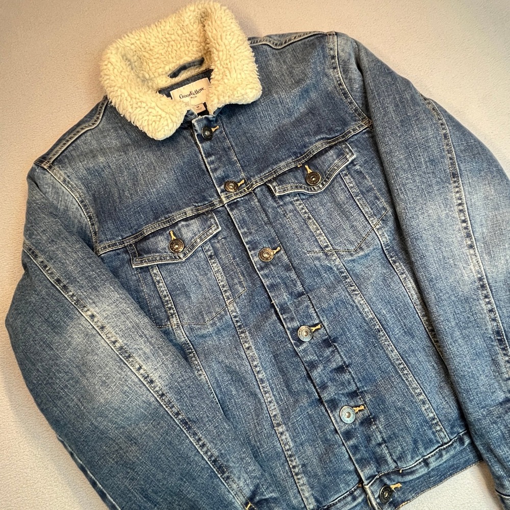 Goodfellow & Co Mens Denim Trucker Jacket Sherpa Lined Medium Wash Blue Size M